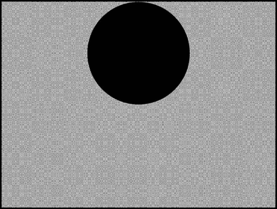 black circle floats on background of black and white intricate patterns